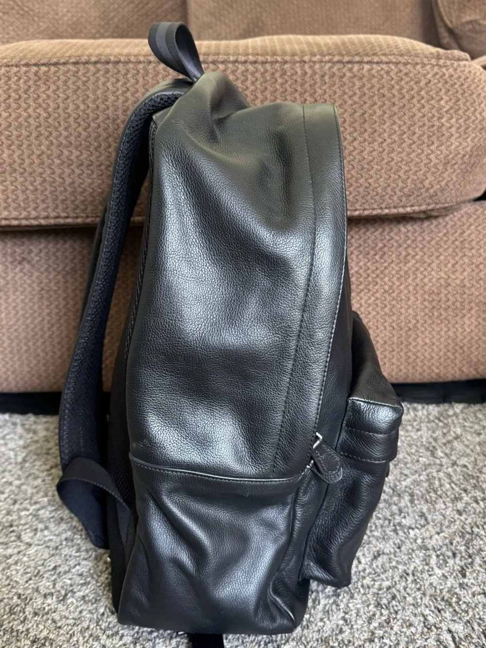 Coach Black Leather Backpack with Front Zip Pocket